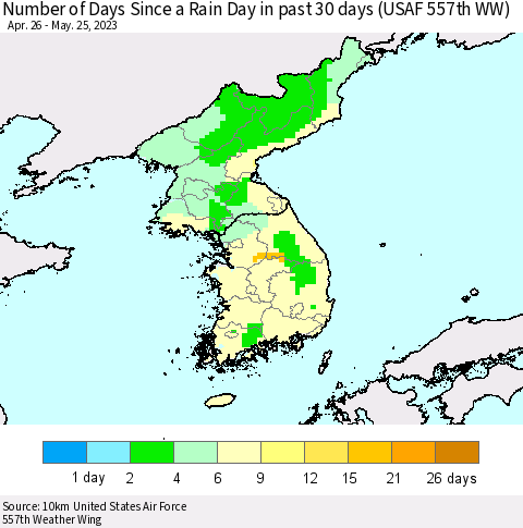 Korea Number of Days Since a Rain Day in past 30 days (USAF 557th WW) Thematic Map For 5/21/2023 - 5/25/2023
