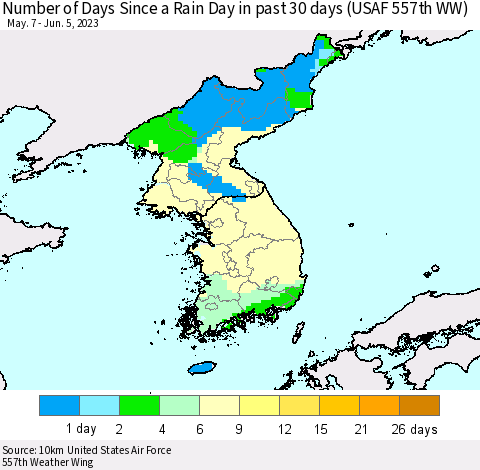 Korea Number of Days Since a Rain Day in past 30 days (USAF 557th WW) Thematic Map For 6/1/2023 - 6/5/2023