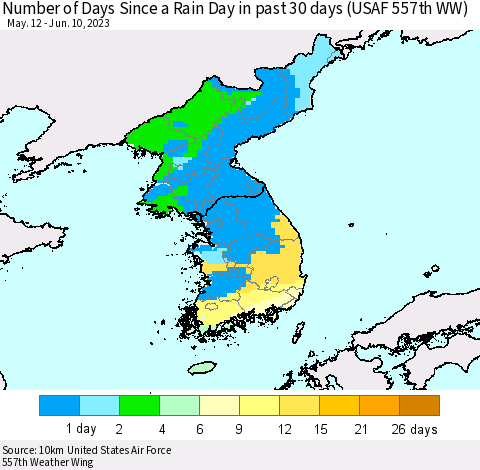 Korea Number of Days Since a Rain Day in past 30 days (USAF 557th WW) Thematic Map For 6/6/2023 - 6/10/2023