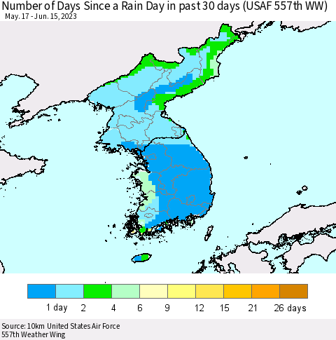 Korea Number of Days Since a Rain Day in past 30 days (USAF 557th WW) Thematic Map For 6/11/2023 - 6/15/2023