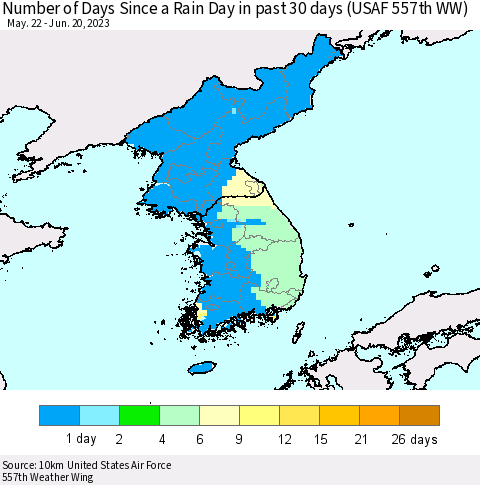 Korea Number of Days Since a Rain Day in past 30 days (USAF 557th WW) Thematic Map For 6/16/2023 - 6/20/2023