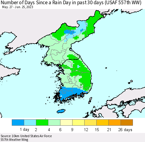 Korea Number of Days Since a Rain Day in past 30 days (USAF 557th WW) Thematic Map For 6/21/2023 - 6/25/2023