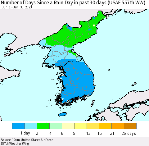 Korea Number of Days Since a Rain Day in past 30 days (USAF 557th WW) Thematic Map For 6/26/2023 - 6/30/2023