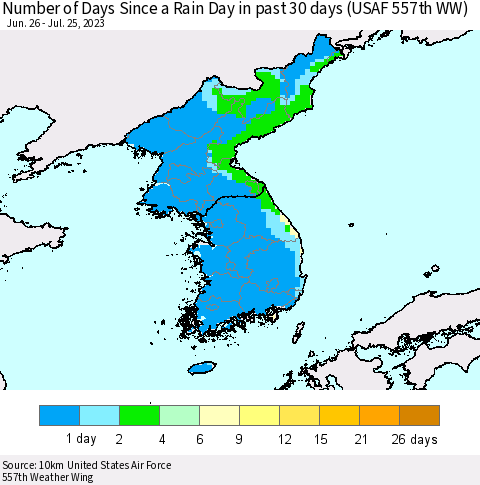 Korea Number of Days Since a Rain Day in past 30 days (USAF 557th WW) Thematic Map For 7/21/2023 - 7/25/2023