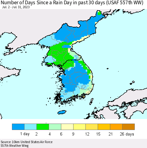 Korea Number of Days Since a Rain Day in past 30 days (USAF 557th WW) Thematic Map For 7/26/2023 - 7/31/2023