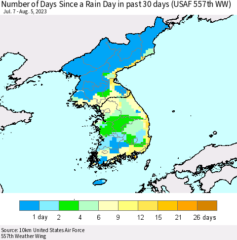 Korea Number of Days Since a Rain Day in past 30 days (USAF 557th WW) Thematic Map For 8/1/2023 - 8/5/2023