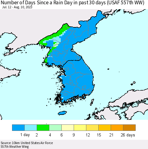 Korea Number of Days Since a Rain Day in past 30 days (USAF 557th WW) Thematic Map For 8/6/2023 - 8/10/2023