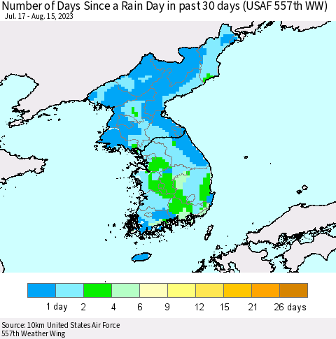 Korea Number of Days Since a Rain Day in past 30 days (USAF 557th WW) Thematic Map For 8/11/2023 - 8/15/2023