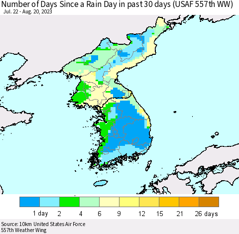 Korea Number of Days Since a Rain Day in past 30 days (USAF 557th WW) Thematic Map For 8/16/2023 - 8/20/2023