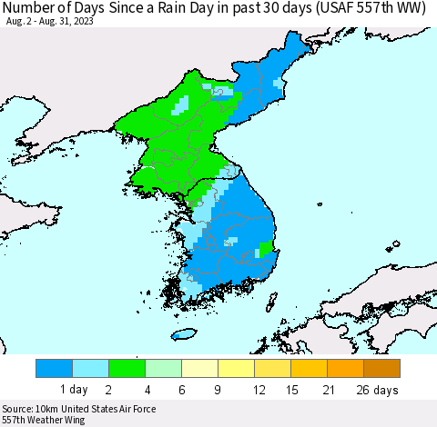 Korea Number of Days Since a Rain Day in past 30 days (USAF 557th WW) Thematic Map For 8/26/2023 - 8/31/2023