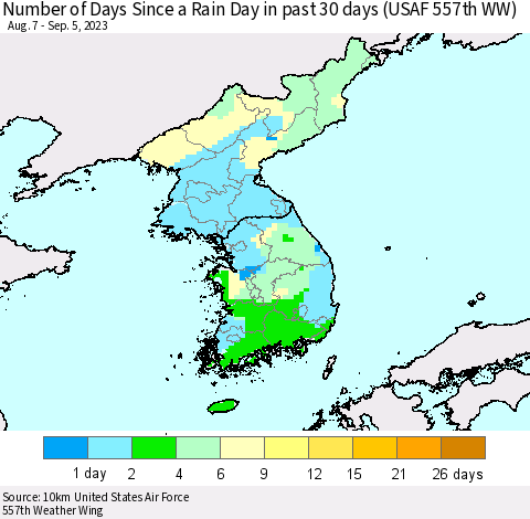 Korea Number of Days Since a Rain Day in past 30 days (USAF 557th WW) Thematic Map For 9/1/2023 - 9/5/2023