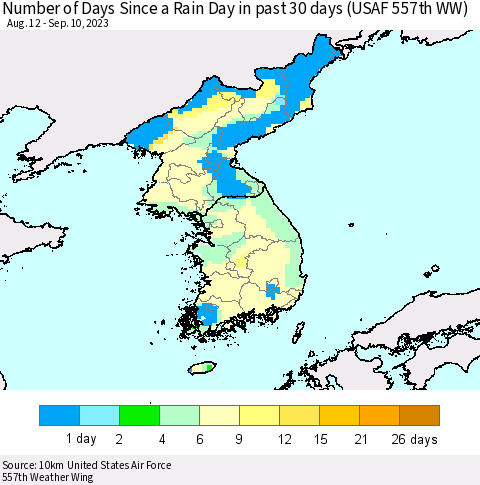 Korea Number of Days Since a Rain Day in past 30 days (USAF 557th WW) Thematic Map For 9/6/2023 - 9/10/2023
