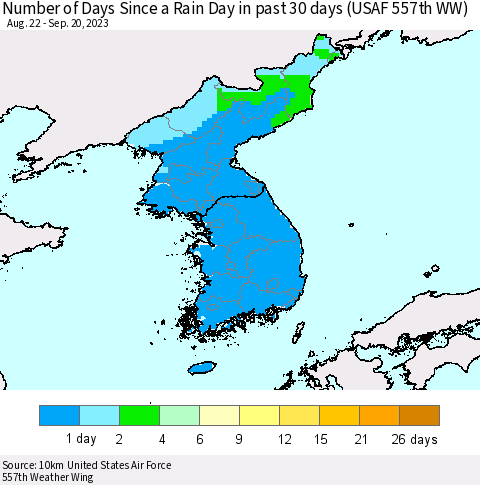 Korea Number of Days Since a Rain Day in past 30 days (USAF 557th WW) Thematic Map For 9/16/2023 - 9/20/2023