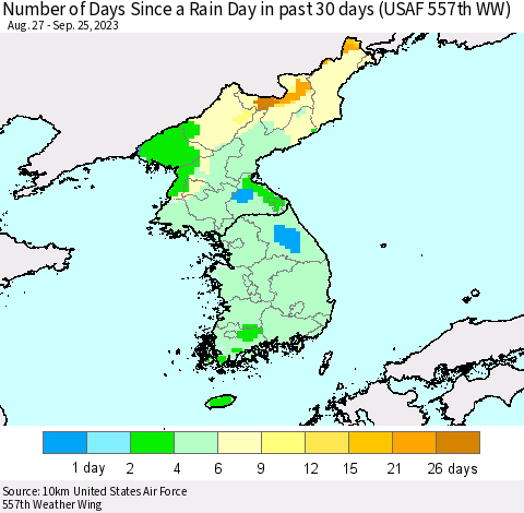 Korea Number of Days Since a Rain Day in past 30 days (USAF 557th WW) Thematic Map For 9/21/2023 - 9/25/2023