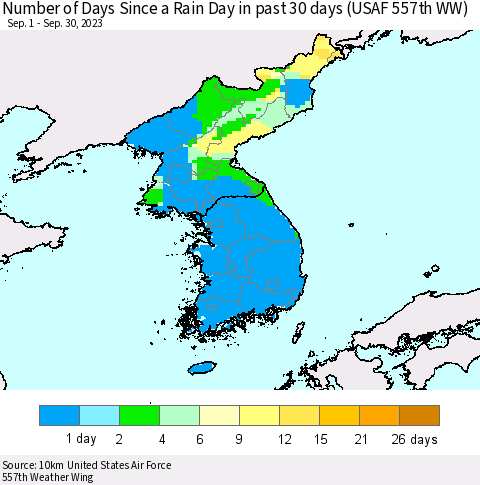 Korea Number of Days Since a Rain Day in past 30 days (USAF 557th WW) Thematic Map For 9/26/2023 - 9/30/2023