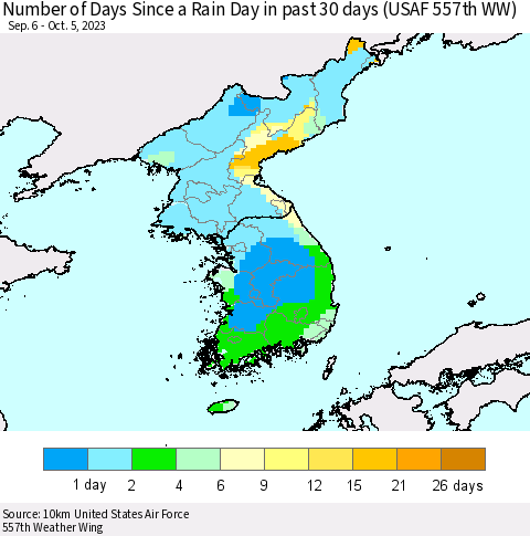 Korea Number of Days Since a Rain Day in past 30 days (USAF 557th WW) Thematic Map For 10/1/2023 - 10/5/2023