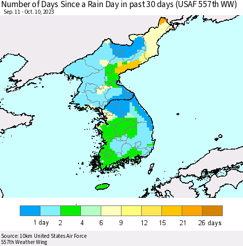 Korea Number of Days Since a Rain Day in past 30 days (USAF 557th WW) Thematic Map For 10/6/2023 - 10/10/2023