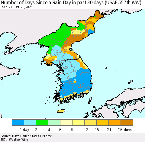 Korea Number of Days Since a Rain Day in past 30 days (USAF 557th WW) Thematic Map For 10/16/2023 - 10/20/2023