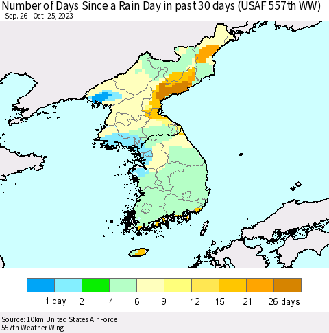 Korea Number of Days Since a Rain Day in past 30 days (USAF 557th WW) Thematic Map For 10/21/2023 - 10/25/2023