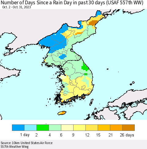Korea Number of Days Since a Rain Day in past 30 days (USAF 557th WW) Thematic Map For 10/26/2023 - 10/31/2023