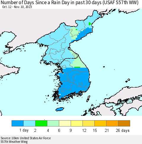 Korea Number of Days Since a Rain Day in past 30 days (USAF 557th WW) Thematic Map For 11/6/2023 - 11/10/2023