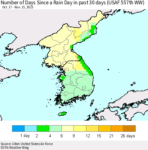 Korea Number of Days Since a Rain Day in past 30 days (USAF 557th WW) Thematic Map For 11/11/2023 - 11/15/2023