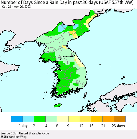 Korea Number of Days Since a Rain Day in past 30 days (USAF 557th WW) Thematic Map For 11/16/2023 - 11/20/2023
