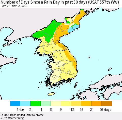 Korea Number of Days Since a Rain Day in past 30 days (USAF 557th WW) Thematic Map For 11/21/2023 - 11/25/2023