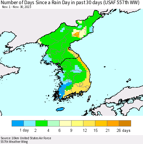 Korea Number of Days Since a Rain Day in past 30 days (USAF 557th WW) Thematic Map For 11/26/2023 - 11/30/2023