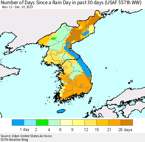 Korea Number of Days Since a Rain Day in past 30 days (USAF 557th WW) Thematic Map For 12/6/2023 - 12/10/2023