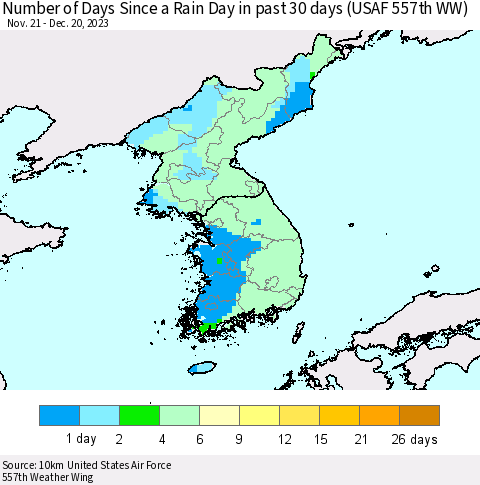Korea Number of Days Since a Rain Day in past 30 days (USAF 557th WW) Thematic Map For 12/16/2023 - 12/20/2023