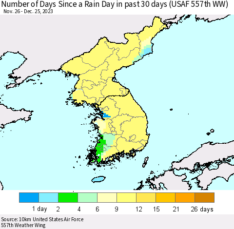 Korea Number of Days Since a Rain Day in past 30 days (USAF 557th WW) Thematic Map For 12/21/2023 - 12/25/2023
