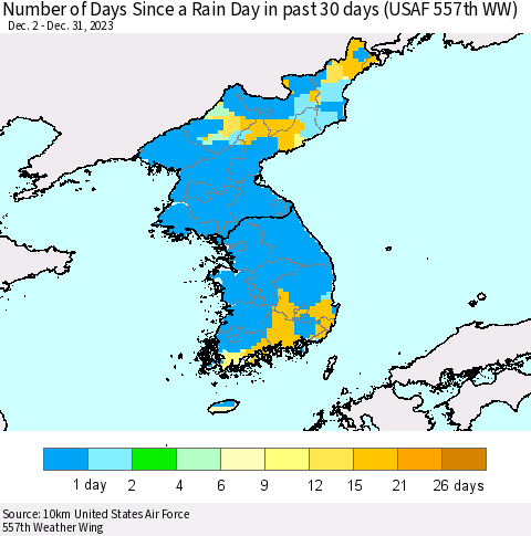 Korea Number of Days Since a Rain Day in past 30 days (USAF 557th WW) Thematic Map For 12/26/2023 - 12/31/2023