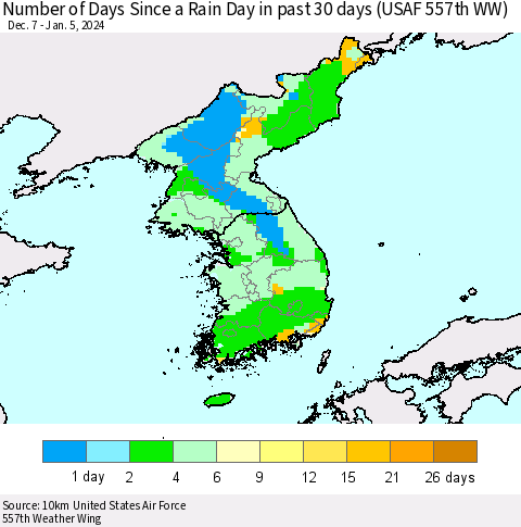 Korea Number of Days Since a Rain Day in past 30 days (USAF 557th WW) Thematic Map For 1/1/2024 - 1/5/2024