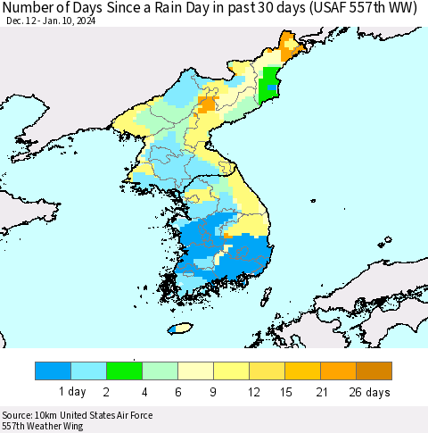 Korea Number of Days Since a Rain Day in past 30 days (USAF 557th WW) Thematic Map For 1/6/2024 - 1/10/2024