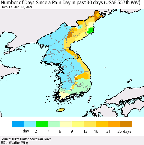 Korea Number of Days Since a Rain Day in past 30 days (USAF 557th WW) Thematic Map For 1/11/2024 - 1/15/2024