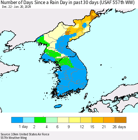 Korea Number of Days Since a Rain Day in past 30 days (USAF 557th WW) Thematic Map For 1/16/2024 - 1/20/2024