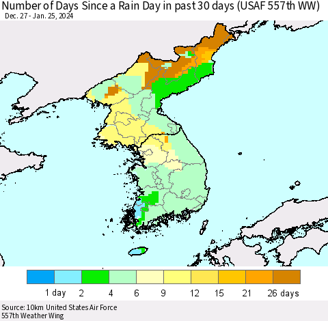 Korea Number of Days Since a Rain Day in past 30 days (USAF 557th WW) Thematic Map For 1/21/2024 - 1/25/2024