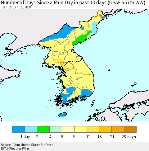 Korea Number of Days Since a Rain Day in past 30 days (USAF 557th WW) Thematic Map For 1/26/2024 - 1/31/2024