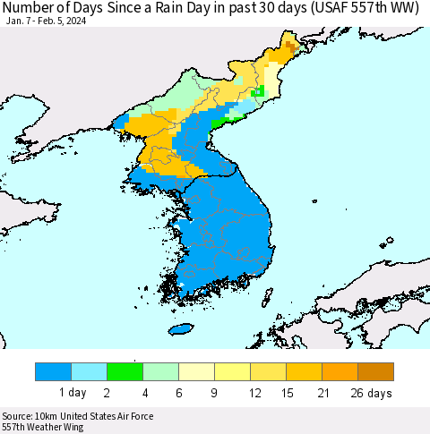 Korea Number of Days Since a Rain Day in past 30 days (USAF 557th WW) Thematic Map For 2/1/2024 - 2/5/2024