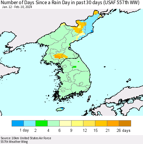 Korea Number of Days Since a Rain Day in past 30 days (USAF 557th WW) Thematic Map For 2/6/2024 - 2/10/2024