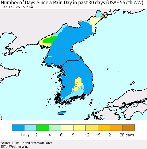 Korea Number of Days Since a Rain Day in past 30 days (USAF 557th WW) Thematic Map For 2/11/2024 - 2/15/2024