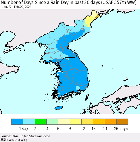 Korea Number of Days Since a Rain Day in past 30 days (USAF 557th WW) Thematic Map For 2/16/2024 - 2/20/2024
