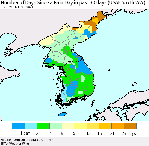 Korea Number of Days Since a Rain Day in past 30 days (USAF 557th WW) Thematic Map For 2/21/2024 - 2/25/2024