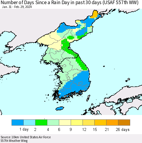Korea Number of Days Since a Rain Day in past 30 days (USAF 557th WW) Thematic Map For 2/26/2024 - 2/29/2024