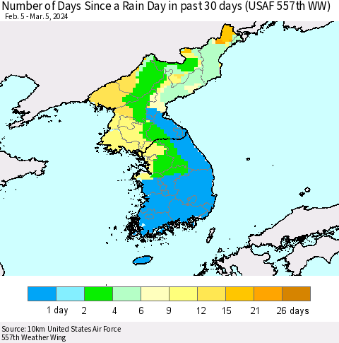 Korea Number of Days Since a Rain Day in past 30 days (USAF 557th WW) Thematic Map For 3/1/2024 - 3/5/2024