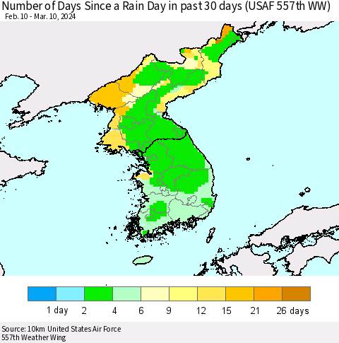 Korea Number of Days Since a Rain Day in past 30 days (USAF 557th WW) Thematic Map For 3/6/2024 - 3/10/2024