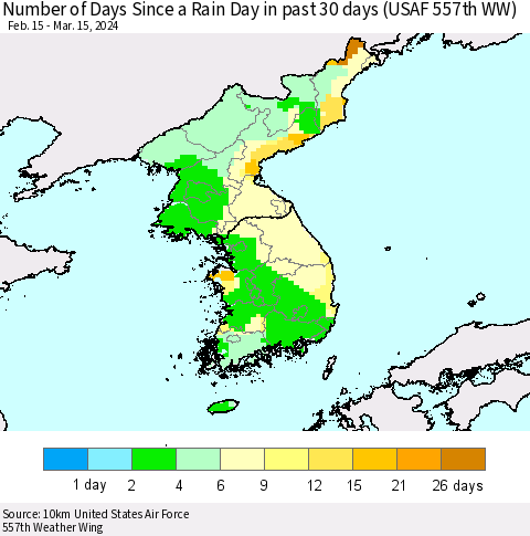 Korea Number of Days Since a Rain Day in past 30 days (USAF 557th WW) Thematic Map For 3/11/2024 - 3/15/2024