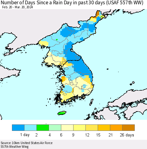 Korea Number of Days Since a Rain Day in past 30 days (USAF 557th WW) Thematic Map For 3/16/2024 - 3/20/2024