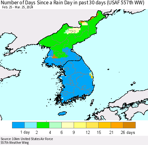 Korea Number of Days Since a Rain Day in past 30 days (USAF 557th WW) Thematic Map For 3/21/2024 - 3/25/2024